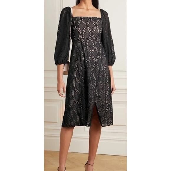 NWT Alice + Olivia Taina Wrap Effect Puff Sleeve Midi Dress Black Women's 2 - Picture 1 of 11